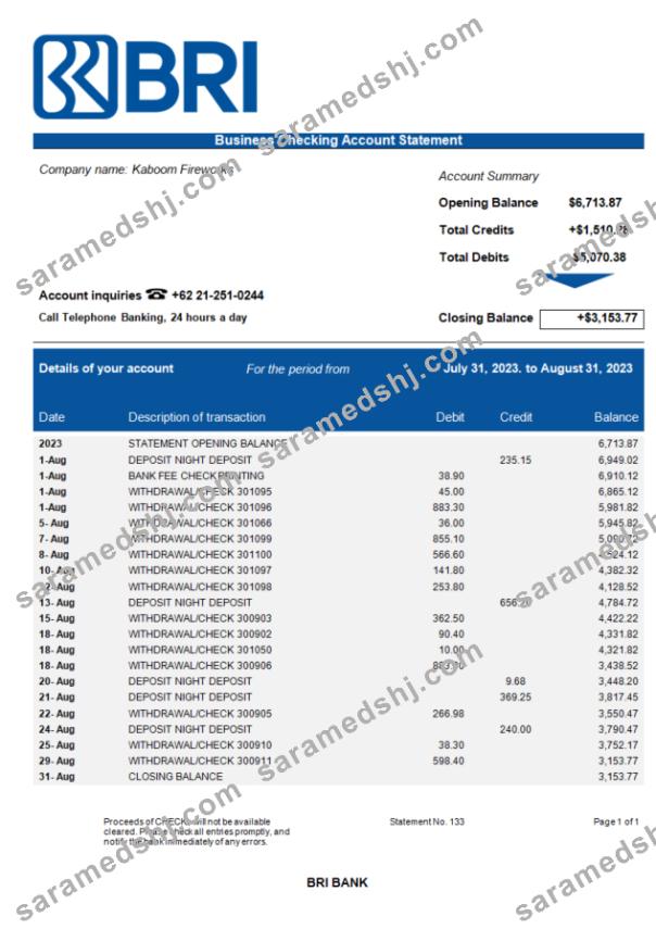 Bank BRI business bank statement Word and PDF template